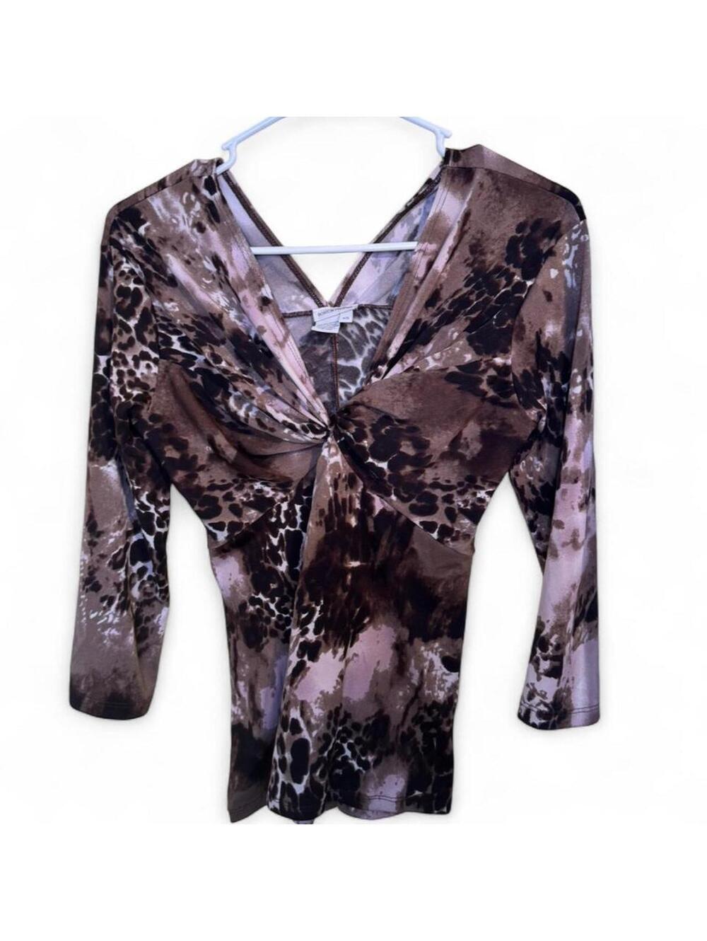Boston Proper brown mixed animal print top with front detail.